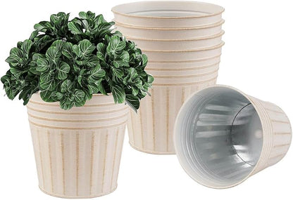 vensovo 5 Inch Beige Metal Rustic Flower Pots - 6Pcs Small Galvanized Planters with Drainage Hole and Rubber Plug, Rustproof Metal Bucket Plant Pots Farmhouse Vintage Style for Decor
