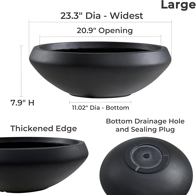 Large Bowl Planter, 23.3"Dia x 8"H Succulent Pot with Drain Hole, 21"Opening Flowerpot for Herbs, Bonsai, and Shallow-root Plants, Concrete Planters for Indoor Outdoor Garden, Patio Decor, Large-Black