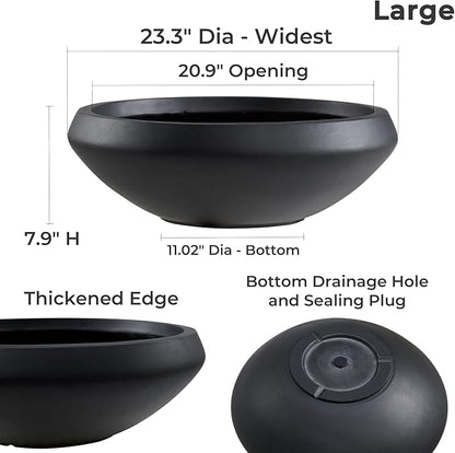 Large Bowl Planter, 23.3"Dia x 8"H Succulent Pot with Drain Hole, 21"Opening Flowerpot for Herbs, Bonsai, and Shallow-root Plants, Concrete Planters for Indoor Outdoor Garden, Patio Decor, Large-Black