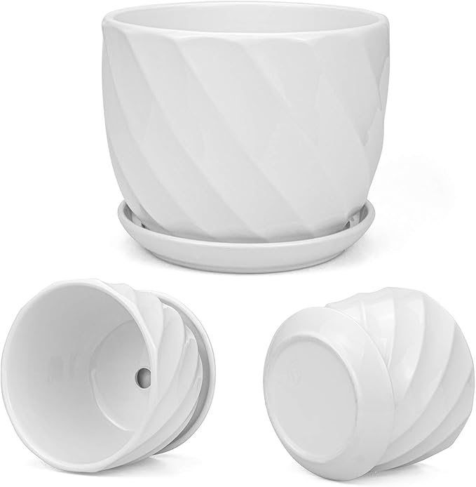 Foraineam Set of 3 Round Modern Ceramic Planter Pot Small to Large Sized Garden Flower Plant Pots White Succulent Cactus Containers with Drainage and Saucer
