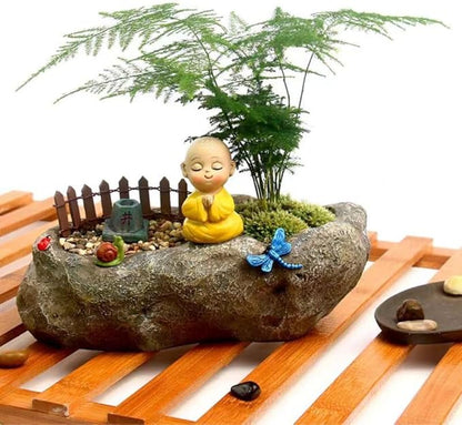 Fantasee Succulent Pot, Small Garden Pots with Drainage Hole, Resin Plants Flower Pots Miniature Ornaments for Home Office Decor (Stone - Little Monk)