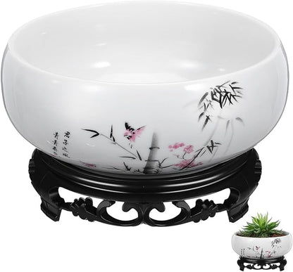 HANABASS Blue and White Porcelain Lotus Planter Hydroponic Ceramic Plant Pot with Plastic Base for Indoor Plants and Water Lily - Large Hydroponic Ceramic Flower Pot for Home and Office Decoration