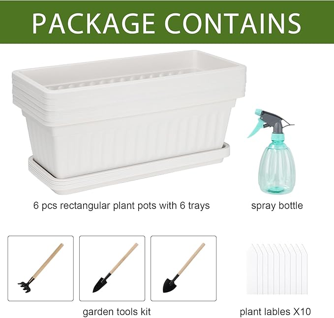 HOXHA 6 Pack Window Box Planter, 17 Inches Vegetable Flower Plastic Planter Boxes with Tray, Rectangular Planter Indoor and Outdoor Flower Pots for Windowsill, Patio, Porch, Garden Balcony, White