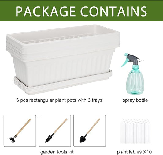 HOXHA 6 Pack Window Box Planter, 17 Inches Vegetable Flower Plastic Planter Boxes with Tray, Rectangular Planter Indoor and Outdoor Flower Pots for Windowsill, Patio, Porch, Garden Balcony, White