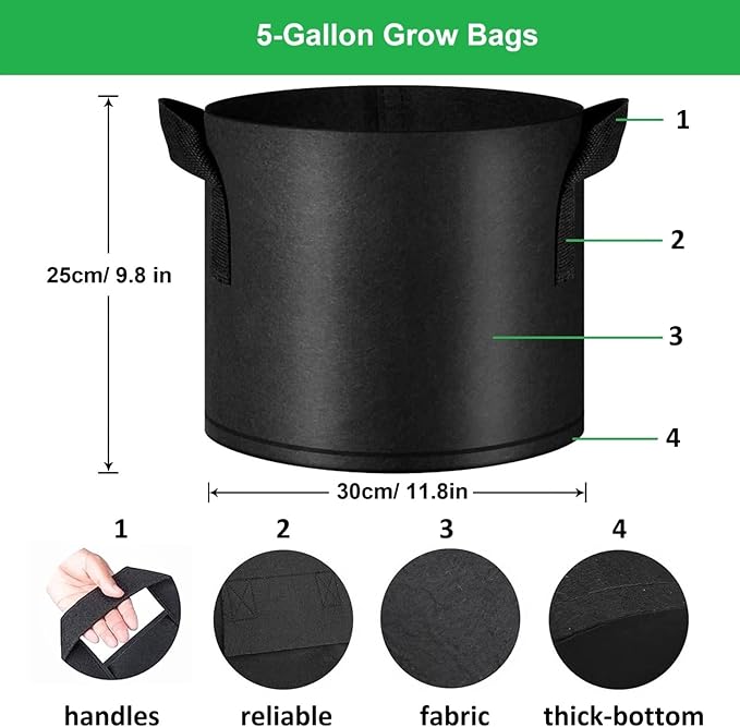 5-Gallon Grow Bags, (10 Pack) Thickened Aeration Fabric Growing Pots Planters with Handles for Planting Vegetables Plants, Black