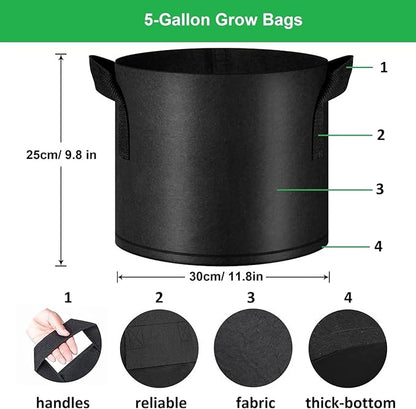 5-Gallon Grow Bags, (10 Pack) Thickened Aeration Fabric Growing Pots Planters with Handles for Planting Vegetables Plants, Black