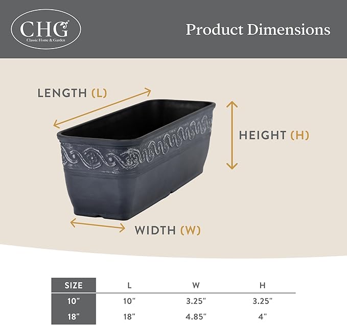 Classic Home and Garden Corinthian Resin Flower Pot Rectangle Planter, Storm Gray, 18"