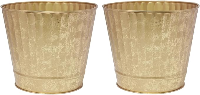 Hosley Metal Planters Pack of 2, Ideal Farmhouse Decor for Floral Arrangements Weddings, Gift Special Events Parties Outdoor Planters Gold 7" Dia x 6" H