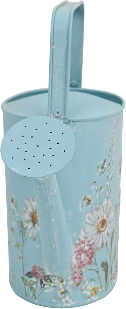 Vintage Floral Metal Watering Can for Indoor/Outdoor Plants, Blue Functional Garden Waterer with Long Spout, Garden Water Pot Rustic Decor for Home Garden Patio