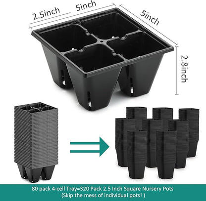 80 Pack Reusable 4-Cell Seed Starter Tray for Seedlings, Easy Watering Seed Starting Trays with Drainage Holes for Seed Germination and Plant Start, Fits Standard 1020 Trays, Black
