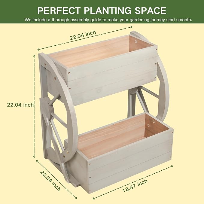 Wooden Wagon Planter Box,2-Tier Flower Pot with Wheels for Indoor & Outdoor,Rustic Garden Decor for Patio/Garden/Balcony,Gray,22.04x22.04x21.65in