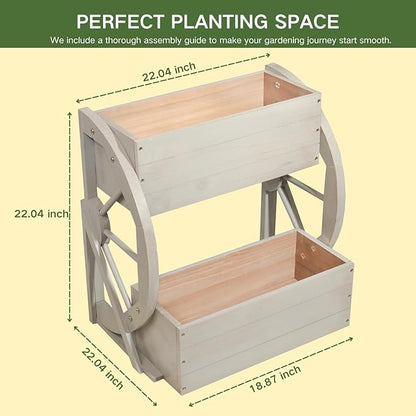 Wooden Wagon Planter Box,2-Tier Flower Pot with Wheels for Indoor & Outdoor,Rustic Garden Decor for Patio/Garden/Balcony,Gray,22.04x22.04x21.65in