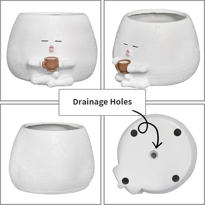 Smily Face Planter Pot with Coffee Cup Cute Resin Flower Head Planters for Indoor Outdoor Unique Sit Succulent Pots with Drainage Hole Gift IdeaI for Mother Christmas (White)