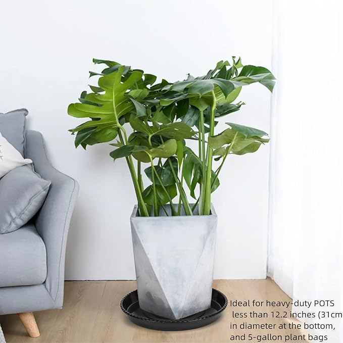 14-Inch Black Plant Saucer for Indoors, 5 Packs Heavy Duty Plastic Plant Trays 12.5 Inches Base, Sturdy 5 Gallon Planter Drip Tray for Outdoors Garden Pots.