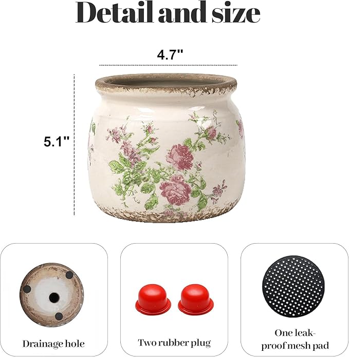 Vintage Floral Ceramic Planter, 2 Pack Flower Pot Rustic Flower Pot Container with Drainge Hole, Ice Crack Plant Pot Decorative Planter for Indoor and Outdoor Tuscan Decor Vase Gardening Gift