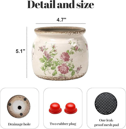Vintage Floral Ceramic Planter, 2 Pack Flower Pot Rustic Flower Pot Container with Drainge Hole, Ice Crack Plant Pot Decorative Planter for Indoor and Outdoor Tuscan Decor Vase Gardening Gift