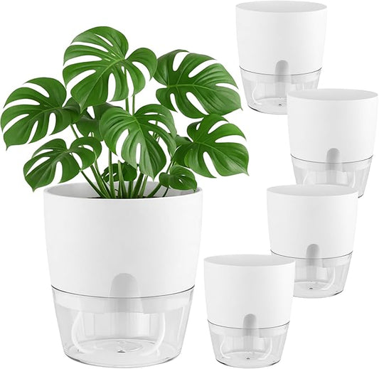 Planterhoma 5 Pack Self Watering Pots for Indoor Plants, 9 Inch Plant Pot Plastic Self Watering Planter for Orchid, Monstera, Lily, Large Clear Flower Pots with Drainage Holes and Wicking Rope, White