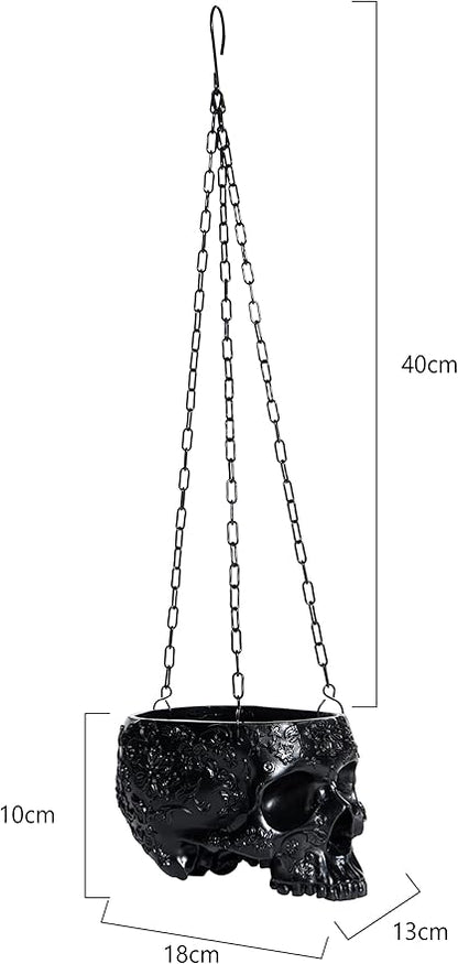 Hanging Skull Planter Pot with Chain and Hook Gothic Skeleton Candy Bowl Trick or Treat Bucket Spooky Skull Flower Pot Creepy Horror Home Decor Outdoor Indoor Garden Decoration 6 Inch Black Planter