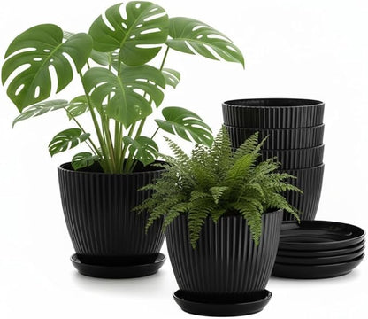 7.5 Inch Black Thickened Plastic Plant Pots with Saucers, 6-Pack Modern Seedling Planters for Indoor Outdoor Plants, Durable Heavy-Duty PP Material for Herbs Flowers Vegetables (＜8 inch)