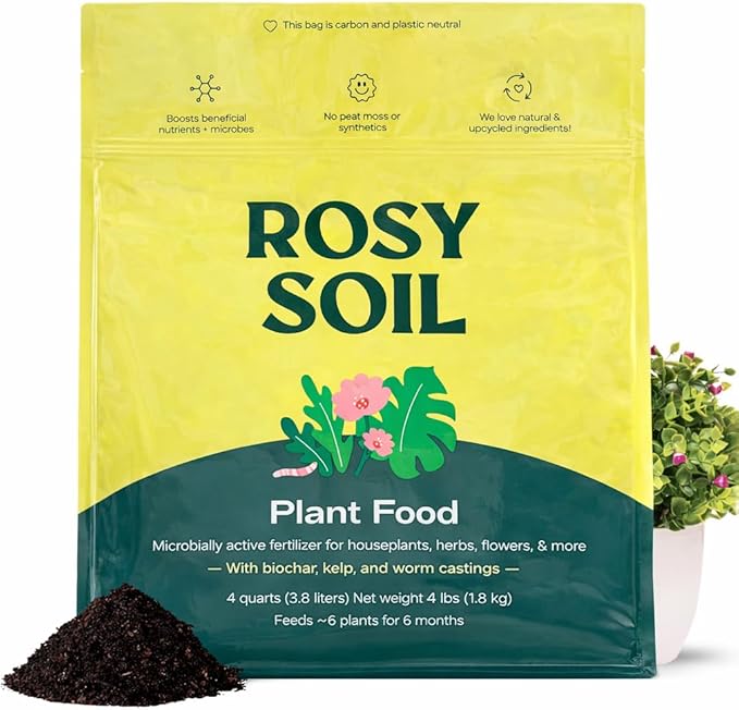 Rosy Soil Plant Food - Microbially Active Fertilizer for Houseplants, Herbs, Flowers – Enriched with Biochar, Kelp, and Worm Castings – Organic Food for Healthy Growth – 4 Quarts