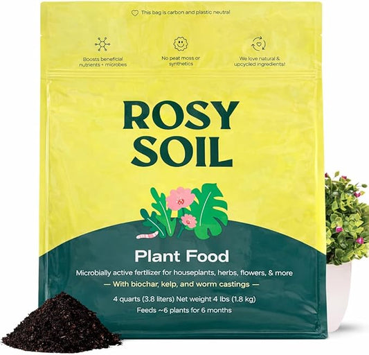 Rosy Soil Plant Food - Microbially Active Fertilizer for Houseplants, Herbs, Flowers – Enriched with Biochar, Kelp, and Worm Castings – Organic Food for Healthy Growth – 4 Quarts