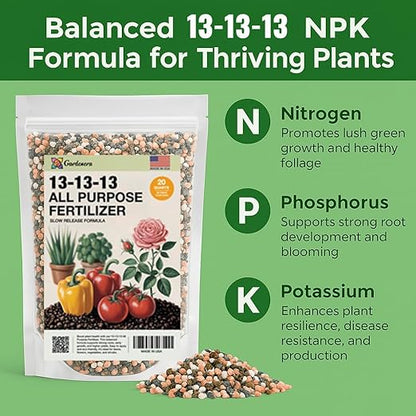 Gardenera 13-13-13 Slow Release Granular Fertilizer – All Purpose Plant Food 13 13 13 for Outdoor Grass, Vegetables, Roses, Flowers, Shrubs, Trees. Lawns, Gardens, Potted Plants (10 Quarts)