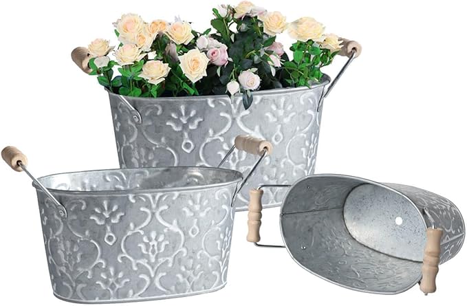 Galvanized Metal Oval Planter Buckets with Handles – Set of 3 Rustic Farmhouse Flower Tubs with Drain Holes & Plugs, Vintage Small Pots for Herbs, Succulents, Wedding or Tabletop Decor (Flower style)