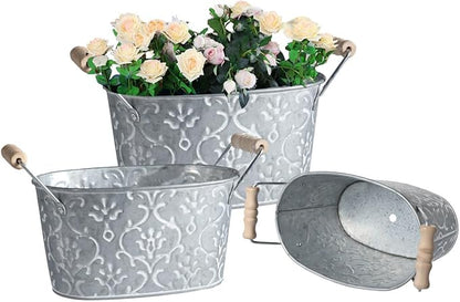 Galvanized Metal Oval Planter Buckets with Handles – Set of 3 Rustic Farmhouse Flower Tubs with Drain Holes & Plugs, Vintage Small Pots for Herbs, Succulents, Wedding or Tabletop Decor (Flower style)