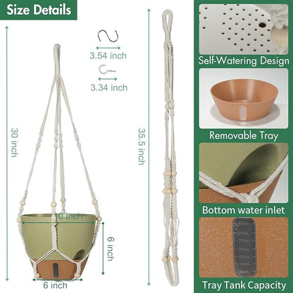 Self-Watering Hanging Planters for Indoor Plants Set 2-Piece Includes Plant Hanging Pot, Drainage-Hole Hanging Pot, and Hanging Basket Rack (10 Inches, Green)