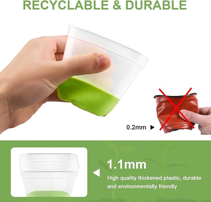12 Packs 3 Inch Square Plastic Nursery Pots, Clear Plant Pot with Soft Silicone Base for Easy Transplant, Flower Pots with Drainage Holes, Reusable Seedling Pots Starter Pots