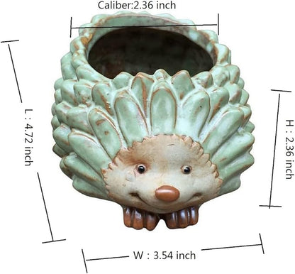 Decorative Ceramic Planter with Bamboo Base Indoor Plant Holder Animal Shaped Ceramic Succulent Pot with Drainage Mini Succulent Plants Cactus Planter (Small Hedgehog)