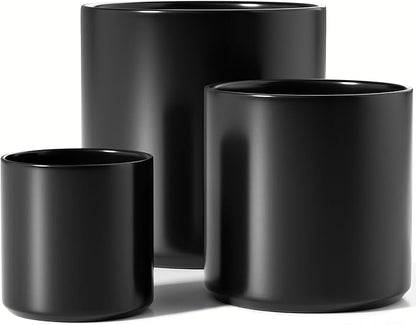 LE TAUCI Ceramic Pots for Plants, 10/8/6 Inch Indoor Planters with Draiange Hole, Silicone Plug & Mesh Pad, Modern Minimalist Pots for Home Office, Set of 3, Satin, Black
