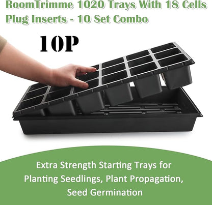 10 Pack 3 Inch Square Pots 2.9" Deep 18 Big Cell Seedling Trays with 10 Pack Water Collection Nursery 1020 Trays No Holes for Seeds Starting and Transplanting (20"x10",10 Sets)