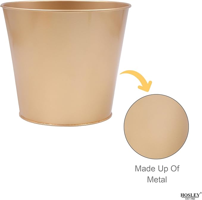 Hosley Set of 2 Gold Bucket/Pots with PVC Liner, 6.5" Dia x 6" H Ideal Gift for Floral Arrangements Wedding Home Office Party DIY Indoor Outdoor Garden Patio