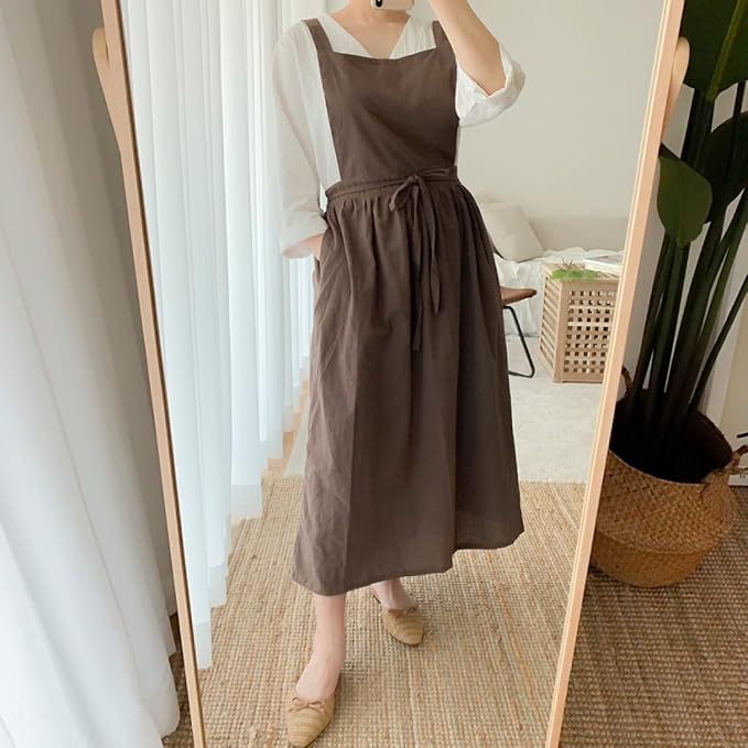 Cute Retro Cotton Linen X-Back Aprons Home Kitchen Garden Art Painting Pinafore Florist Shop Overalls