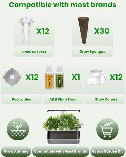 inbloom Grow Anything Seed Pod Kit for AeroGarden, Ahopegarden, GARDENCUBE, iDoo, MUFGA Hydroponic Growing System, 68 Pcs Indoor Garden Supply with 30 Grow Sponges, 12 Baskets, 12 Domes and 12 Labels
