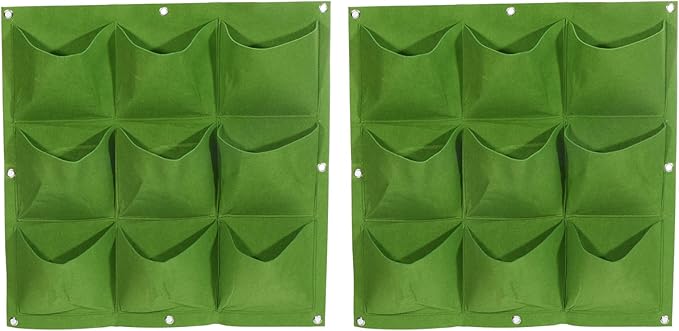 MECCANIXITY Vertical Hanging Grow Bag with 9 Pockets, Wall Mounted Felt Fabric Flowerpot Bag Plant Container for Garden Home Decoration, Green 2 Pack