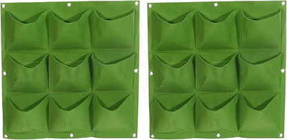 MECCANIXITY Vertical Hanging Grow Bag with 9 Pockets, Wall Mounted Felt Fabric Flowerpot Bag Plant Container for Garden Home Decoration, Green 2 Pack