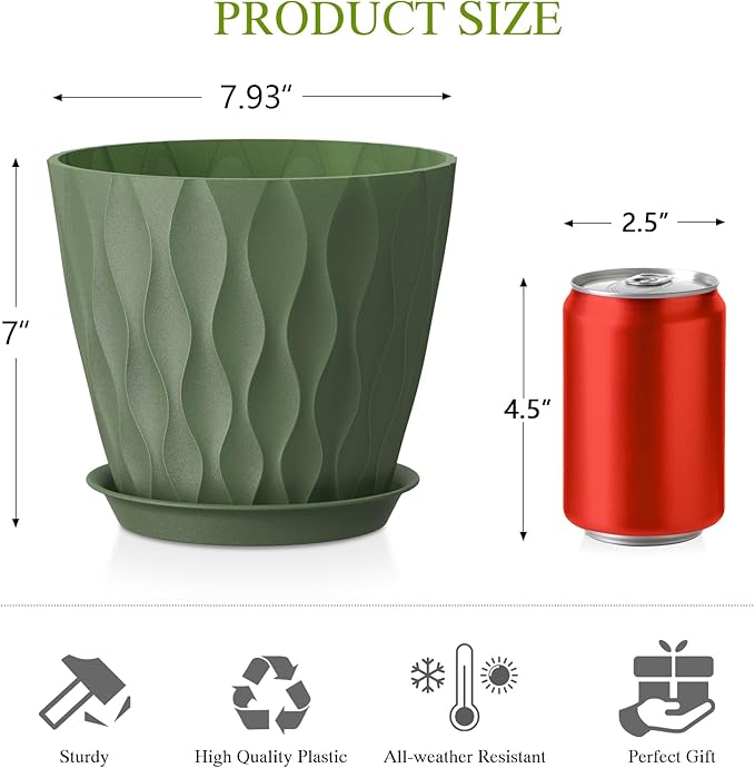 Plastic Plant 8 Inch, 4 Pack with Drainage Holes & Saucers, Water Wave Decorative Plant Pots for Indoor Outdoor Plants, Patio, Garden, Home Decor (4, Colorful)