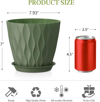 Plastic Plant 8 Inch, 4 Pack with Drainage Holes & Saucers, Water Wave Decorative Plant Pots for Indoor Outdoor Plants, Patio, Garden, Home Decor (4, Colorful)