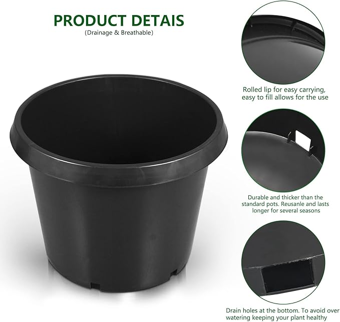 5-Pack 25 Gallon Round Planter Nursery Pots, Flower Plant Container Injection Molded Plastic Nursery Pot Gardening Pots for Indoor Outdoor Vegetables, Succulents, Black