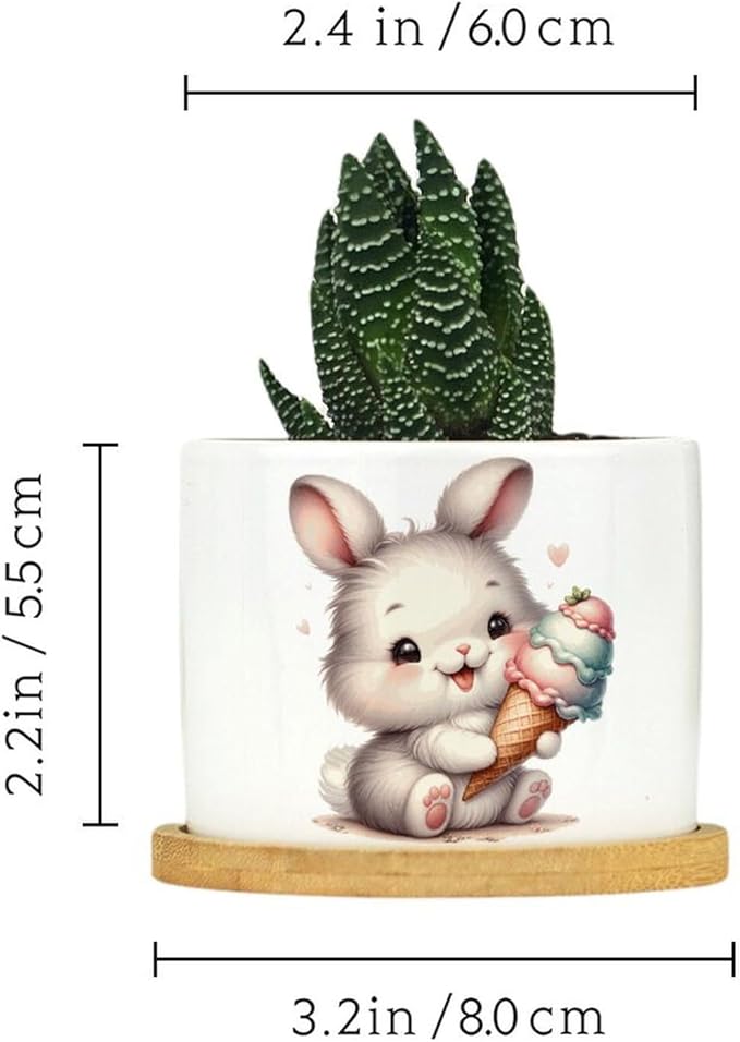 DreamAutumn Cute Easter Bunny Ceramic Pots for Plants with Drainage Holes Round Flower Pot Bamboo Tray Orchid Pot Succulents Pots for Outdoor Indoor Plants
