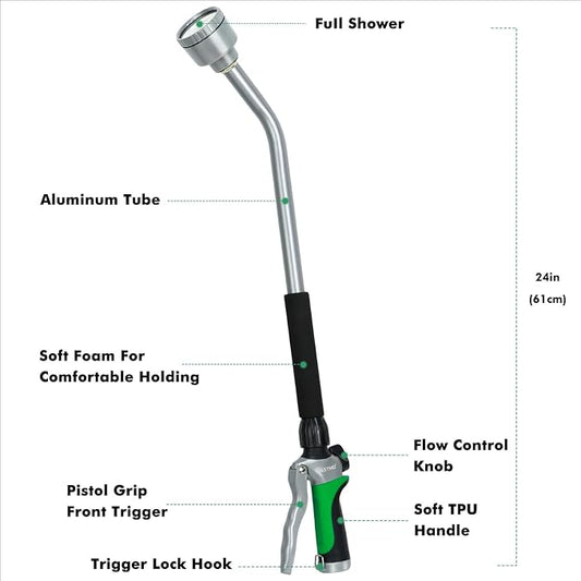 RESTMO Long Watering Wand, 24 Inches Gentle Soft Full Shower Sprayer Wand with Flow Control, Heavy Duty Metal Hose Wand for Hanging Baskets, Shrubs, Plants, Flowers, Garden and Lawn