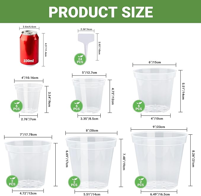 GREANER Nursery Pots for Plants, 4/5/6/7/8/9 Inch Reinforced Clear Plant Pots with Drainage Holes and 20 Pcs Plant Labels, Transparent Variety Pack Seedling Planter for Indoor Outdoor