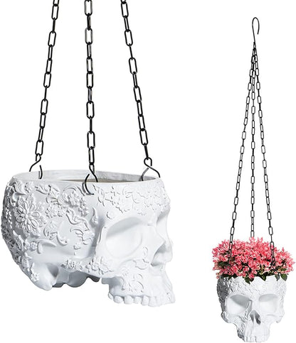 Hanging Skull Planter Pot with Chain and Hook Gothic Skeleton Candy Bowl Trick or Treat Bucket Spooky Skull Flower Pot Creepy Horror Home Decor Outdoor Indoor Garden Decoration 6 Inch White Planter