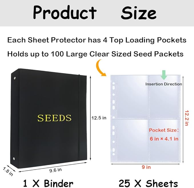 Seed Storage Organizer Binder,3 Ring Seed Packet Organizer with 100 Pockets(25 Pack Clear Sheet Protectors), Garden Seed Holder Book for Envelopes, Seed Keeper, Black