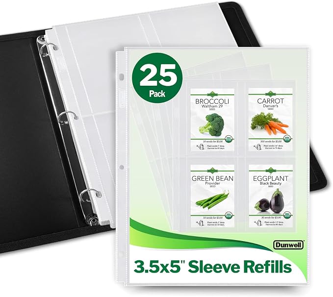 Dunwell Photo Sleeves for 3-Ring Binder, (3.5x5, 25 Pack) for 200 Pictures, Each Photo Page Holds 8 Pictures or 4 Seed Packets, Acid-Free Poly Plastic 3.5 x 5 Album Refill Pages