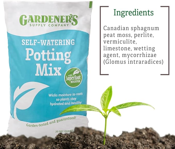 Gardener's Supply Company Self-Watering Potting Mix | High-Nutrient Compost-Based Plant Soil for Indoor Outdoor Planter Boxes, Containers & Garden Beds - 20 Quarts