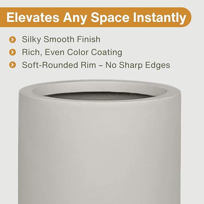 19.5" H x 9.8" D Tubo Fiberstone Cylinder Tall Planter with Drainage Hole, Smooth Finishes, Weather Resistant, Included 2 Extra Coco Mats (Light French Gray, 8.2" Pot Opening)