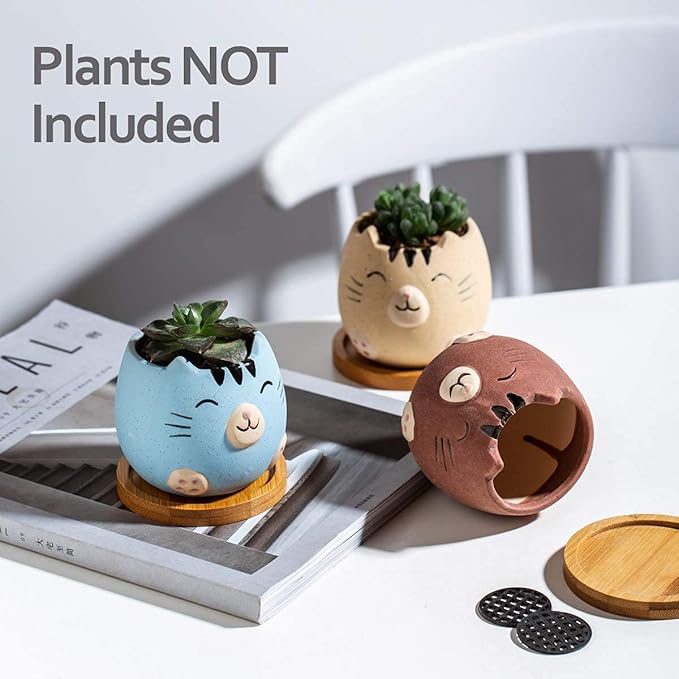 6Pack 3.4inch Small Ceramic Animal Planter Pots for Baby Succulent with Drainage and Bamboo Tray (Matte Cats)